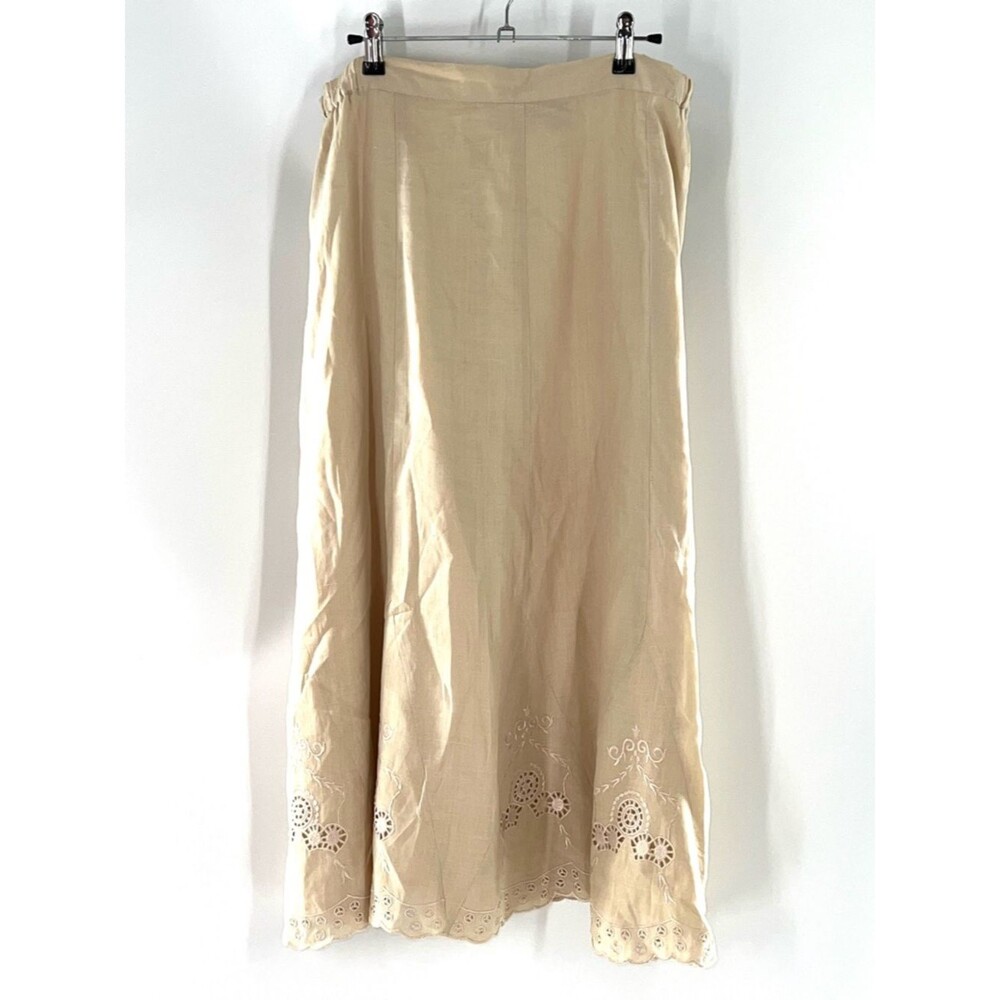 Vigoss Beige 100% Linen Eyelet Hem A-Line Maxi Skirt-Size 14